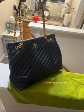 Tory Burch Black Quilted Shoulder Tote with Gold Chain Straps